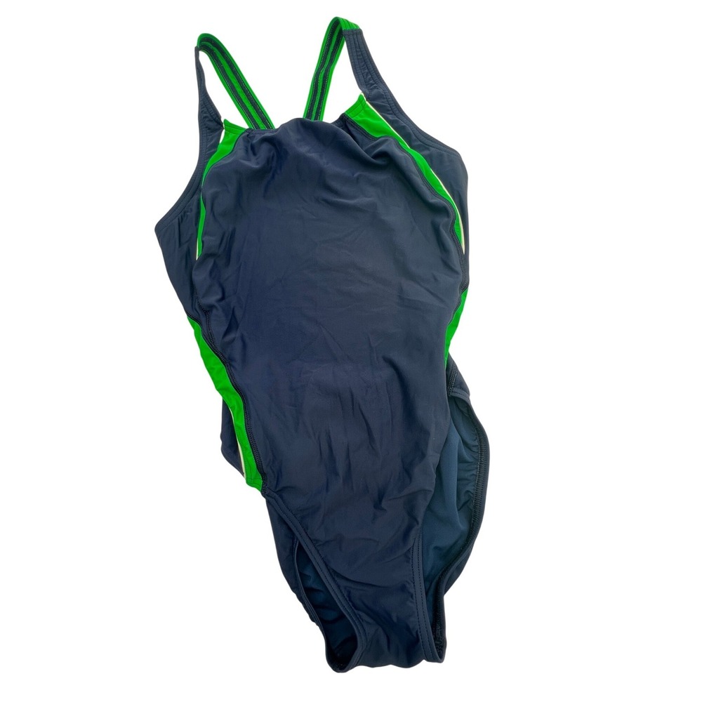 Speedo PowerFLEX Eco Womens Flyback One Piece Swimsuit Navy Green Size 12/38